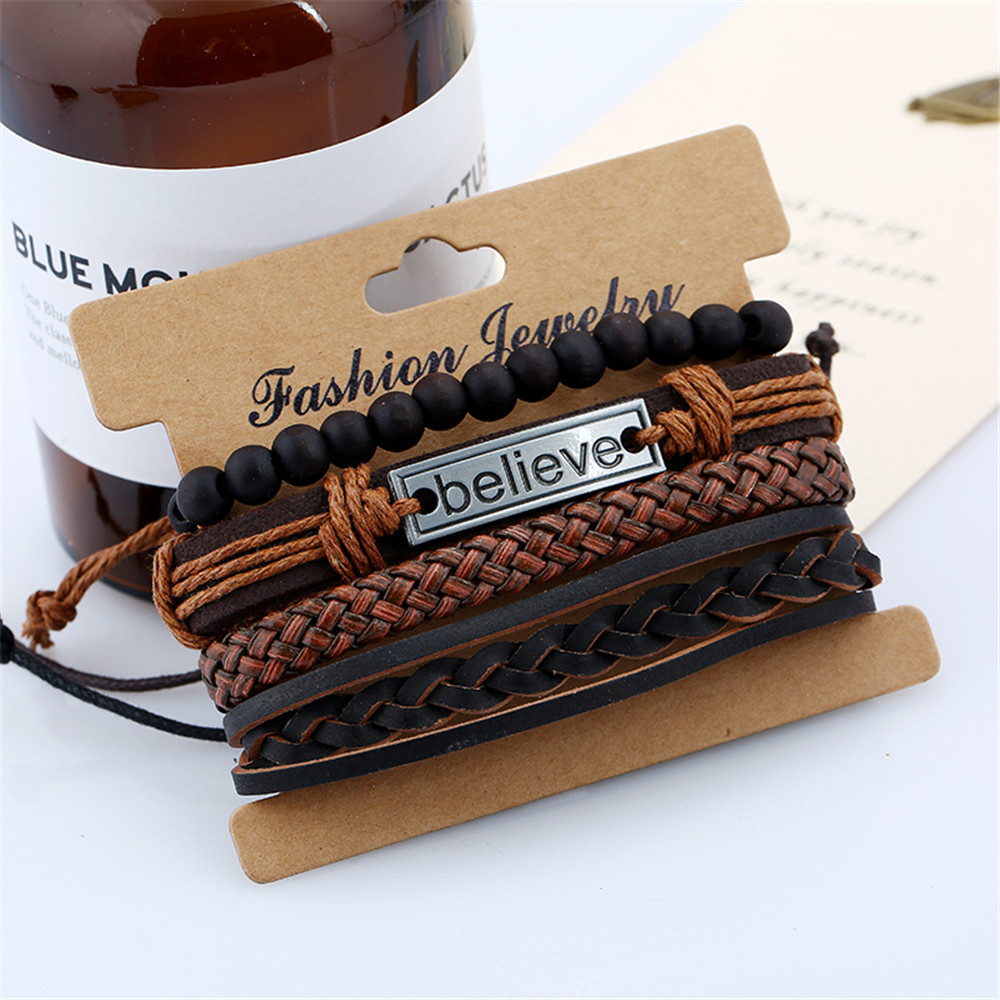 Believe Pattern Cowhide Suit Men 'S Bracelet Hand - Woven Leather Bangles