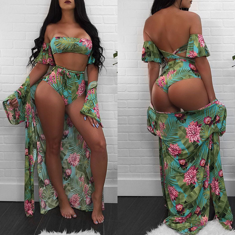 Women Sexy New Leaf Print Bikini Two Piece Swimsuit Summer Beach Cover Up