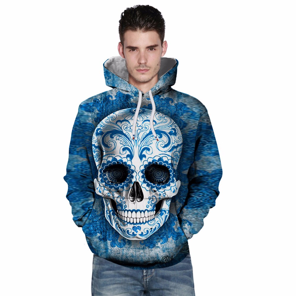 3D Digital Skull Print Pullover Hoodie