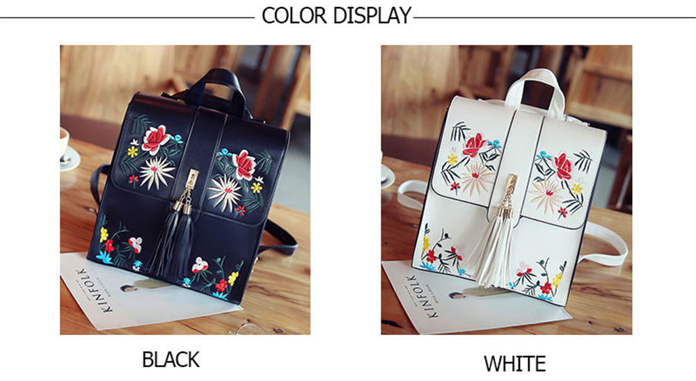 Tassel Backpack PU Leather Embroidery Women Backpacks for Teenage Girl School Shoulder Bags