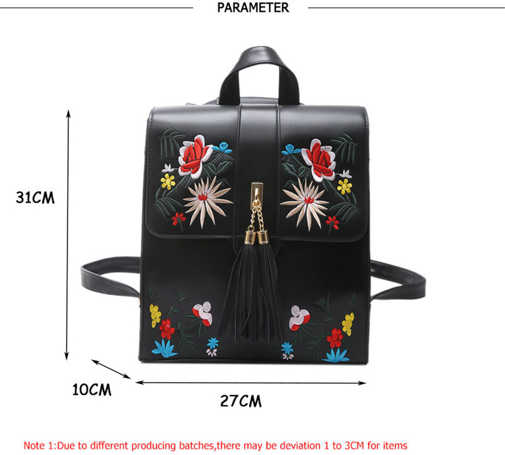 Tassel Backpack PU Leather Embroidery Women Backpacks for Teenage Girl School Shoulder Bags