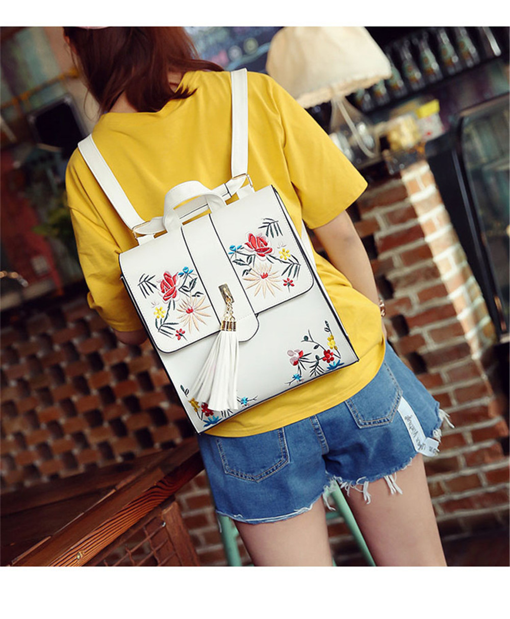 Tassel Backpack PU Leather Embroidery Women Backpacks for Teenage Girl School Shoulder Bags