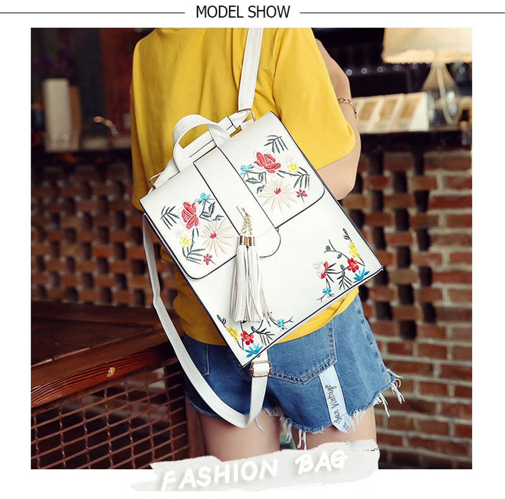 Tassel Backpack PU Leather Embroidery Women Backpacks for Teenage Girl School Shoulder Bags