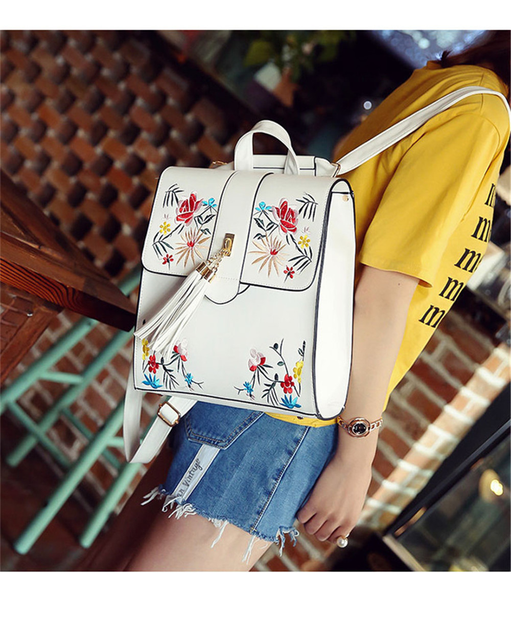 Tassel Backpack PU Leather Embroidery Women Backpacks for Teenage Girl School Shoulder Bags