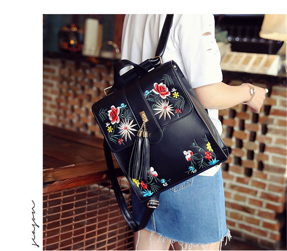 Tassel Backpack PU Leather Embroidery Women Backpacks for Teenage Girl School Shoulder Bags