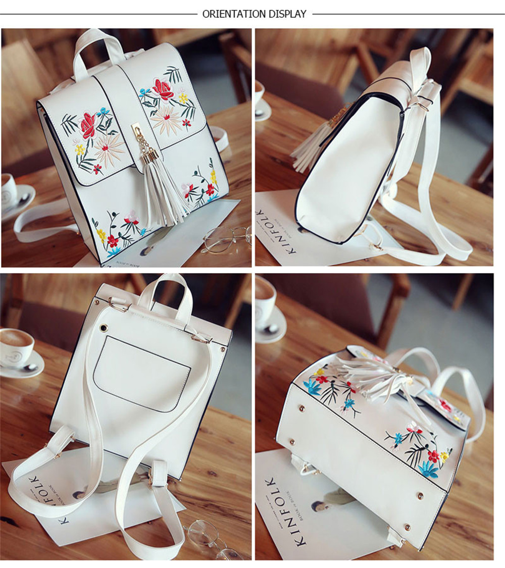 Tassel Backpack PU Leather Embroidery Women Backpacks for Teenage Girl School Shoulder Bags