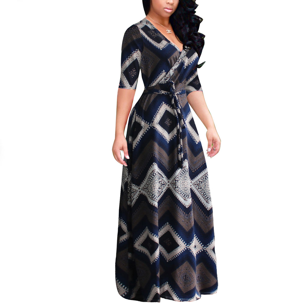 New Women Fashion Short Sleeve Dress Print Evening Party Maxi Dress