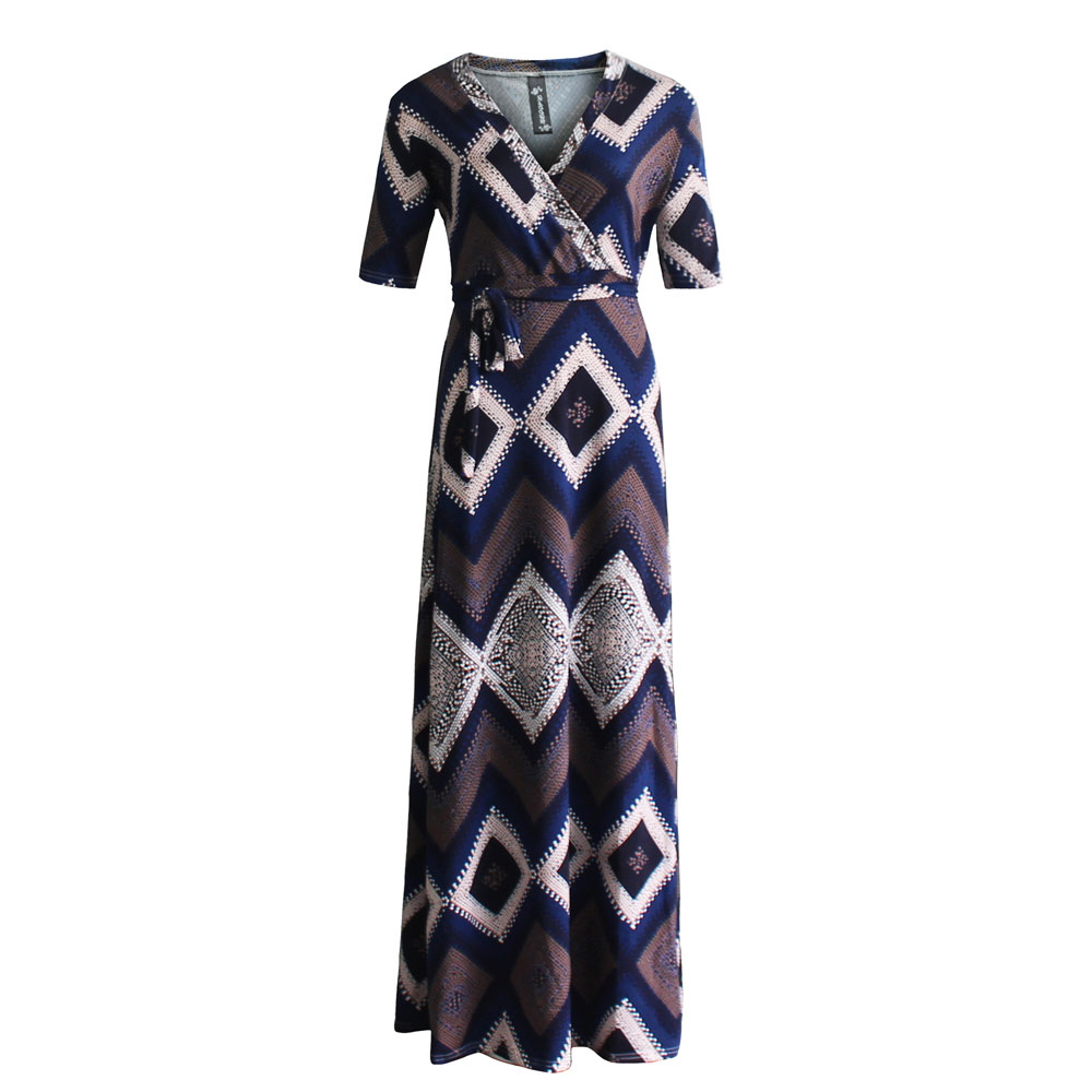 New Women Fashion Short Sleeve Dress Print Evening Party Maxi Dress
