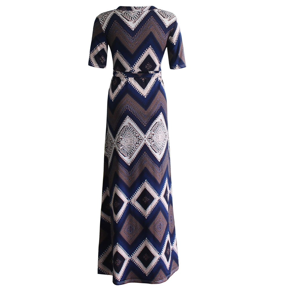 New Women Fashion Short Sleeve Dress Print Evening Party Maxi Dress