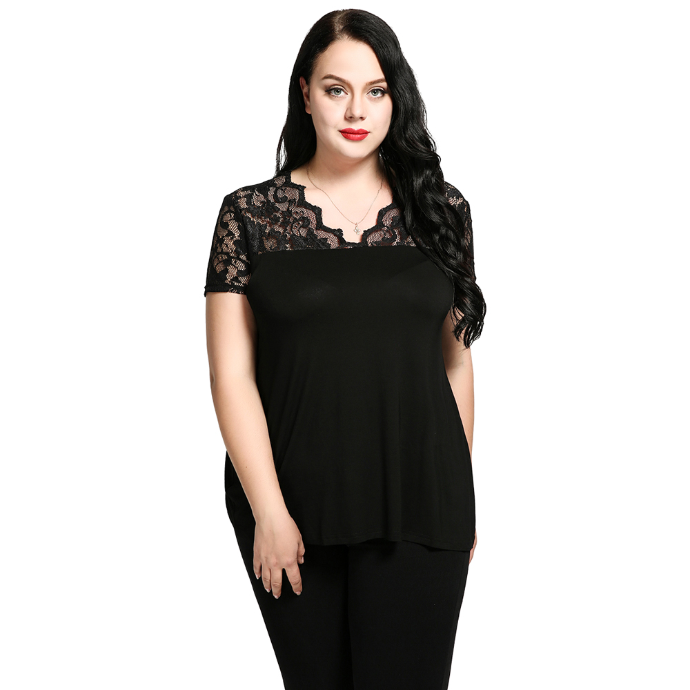 New Large Size Women's Fashion Lace Stitching Tops V-neck Short Sleeve T-shirts