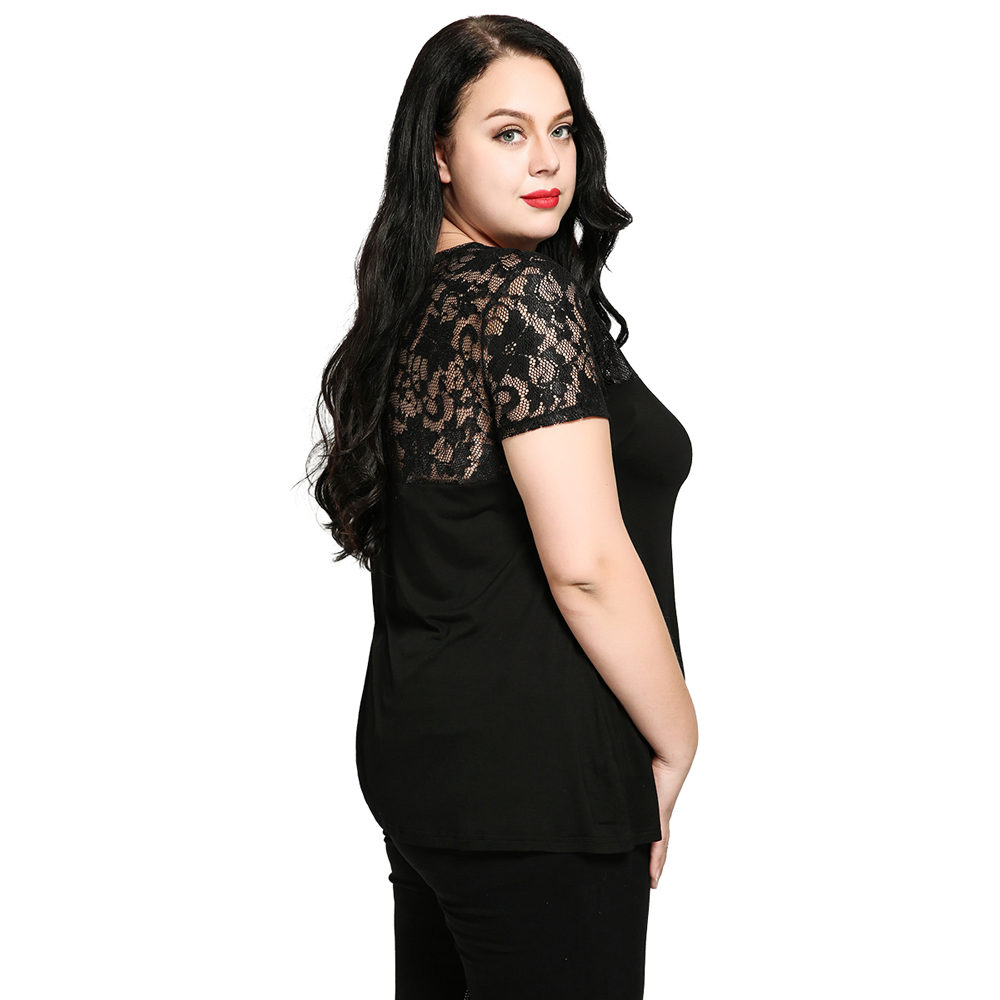 New Large Size Women's Fashion Lace Stitching Tops V-neck Short Sleeve T-shirts