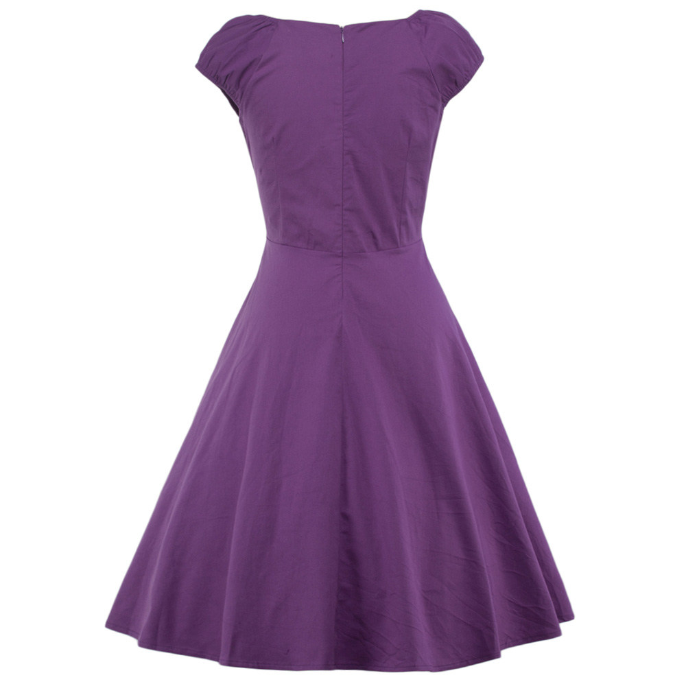 Hepburn Vintage Series Dress Spring And Summer Round Neck Pure Color Design Elastic Sleeve Corset Women Retro Dress