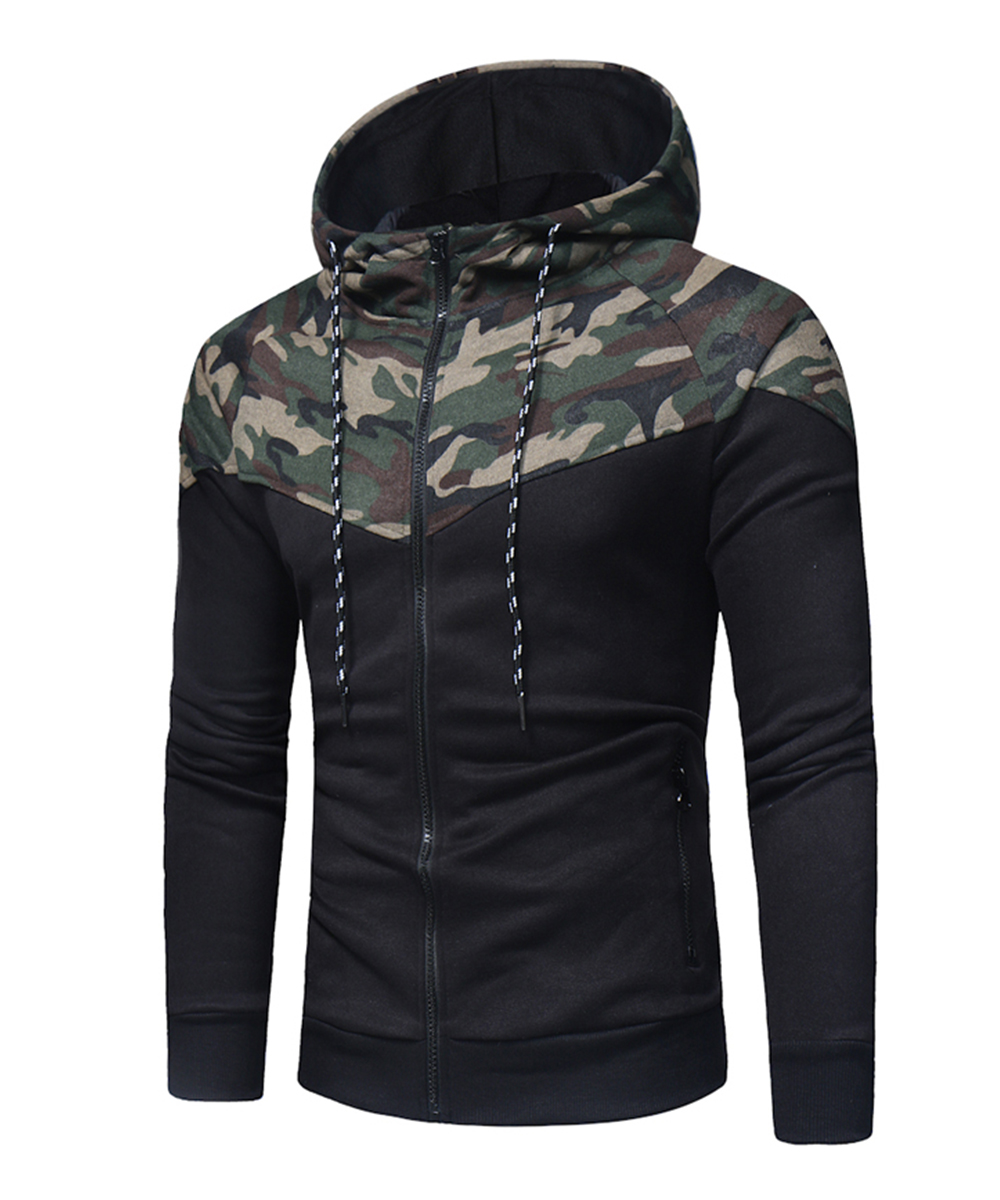 Classic Camo Stitching Men's Casual Slim Zipper Hoodie