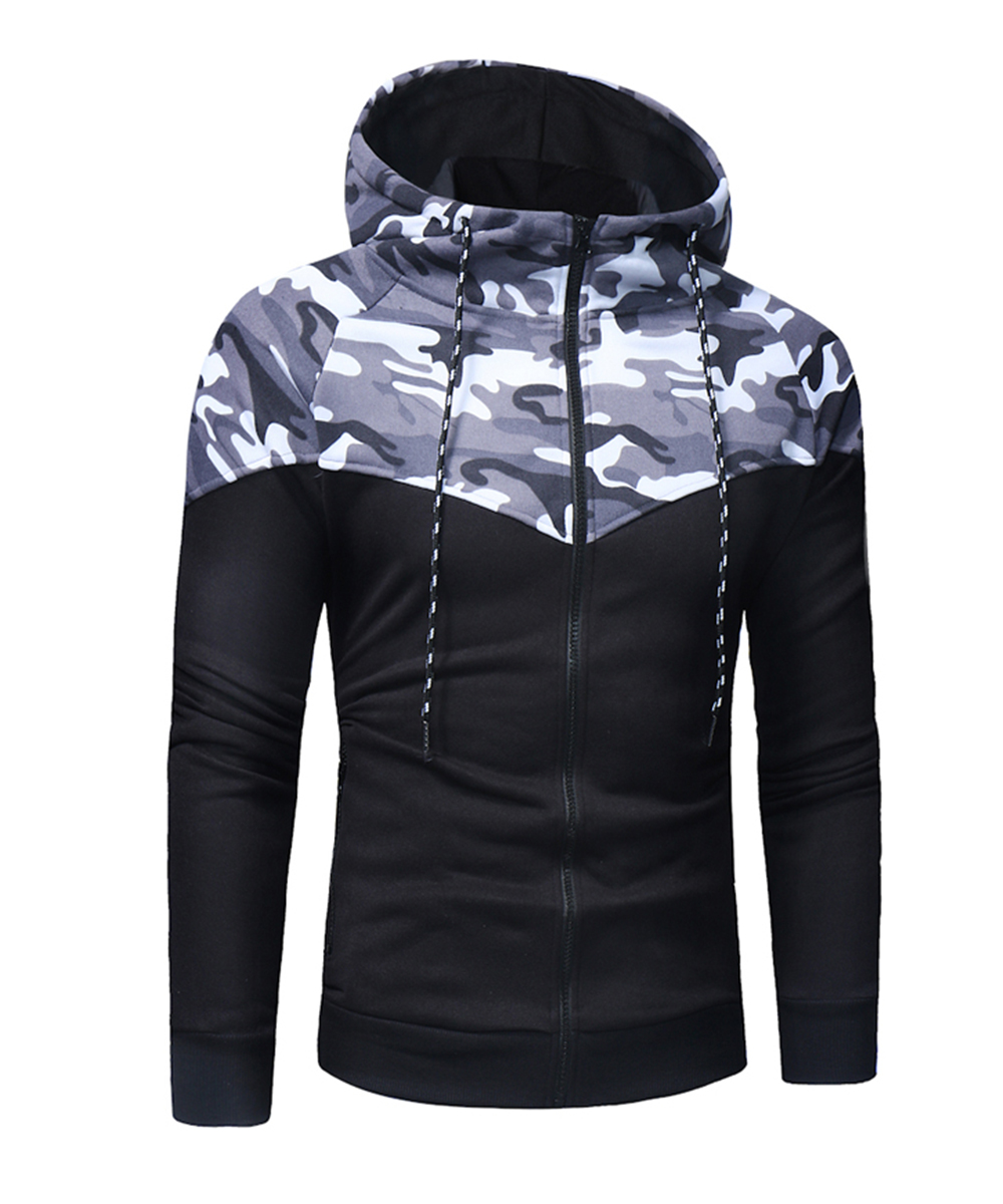 Classic Camo Stitching Men's Casual Slim Zipper Hoodie