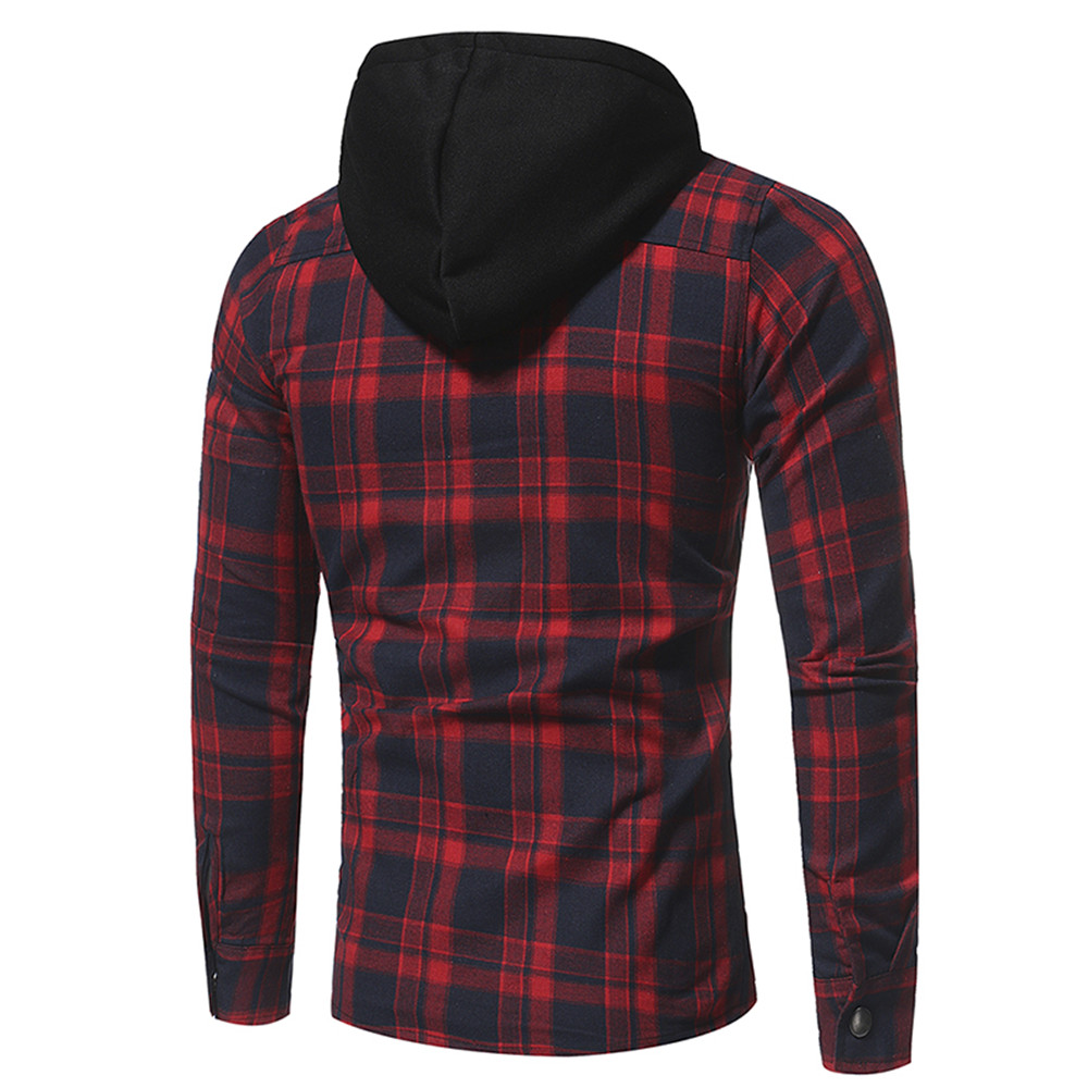 Large Lattice Double Pocket Hooded Casual Men's Plaid Long-Sleeved Shirt