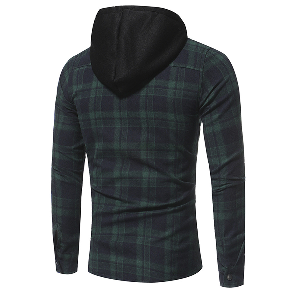 Large Lattice Double Pocket Hooded Casual Men's Plaid Long-Sleeved Shirt