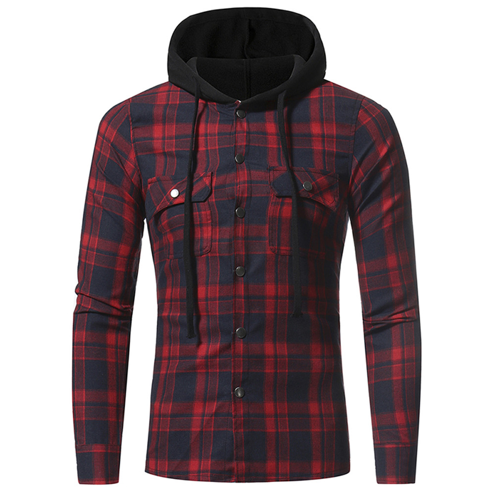 Large Lattice Double Pocket Hooded Casual Men's Plaid Long-Sleeved Shirt