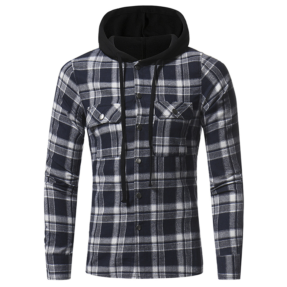 Large Lattice Double Pocket Hooded Casual Men's Plaid Long-Sleeved Shirt