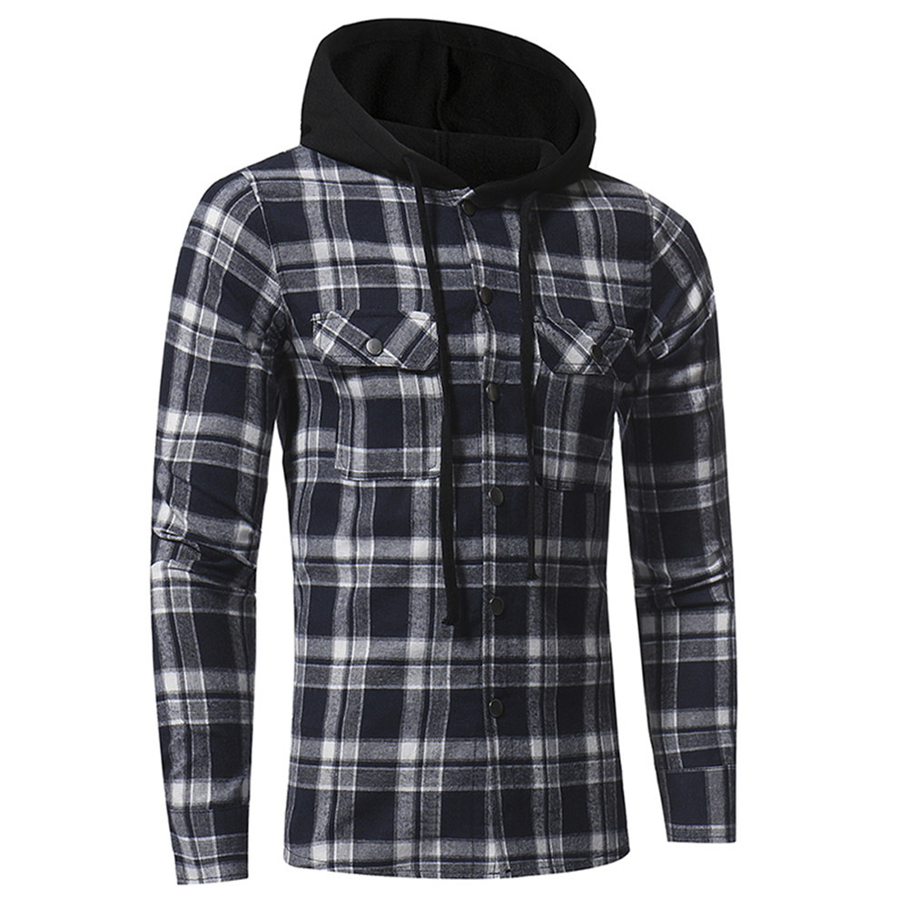 Large Lattice Double Pocket Hooded Casual Men's Plaid Long-Sleeved Shirt