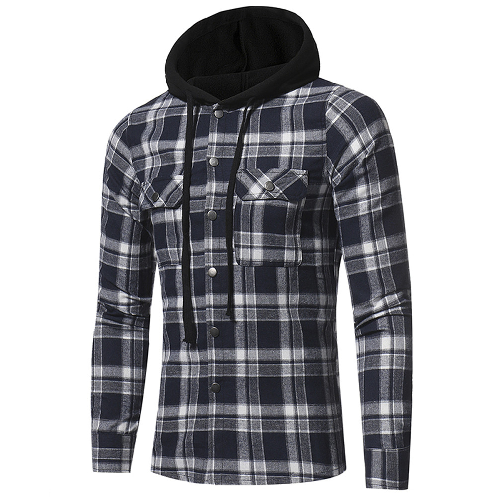 Large Lattice Double Pocket Hooded Casual Men's Plaid Long-Sleeved Shirt