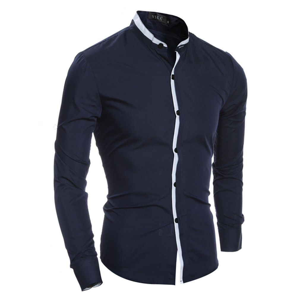 New Fashion Collar Color Matching Men's Casual Slim Long Sleeve Shirt