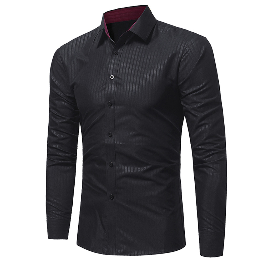 New Classic Dark Striped Embossed Men's Casual Slim Long-Sleeved Shirt