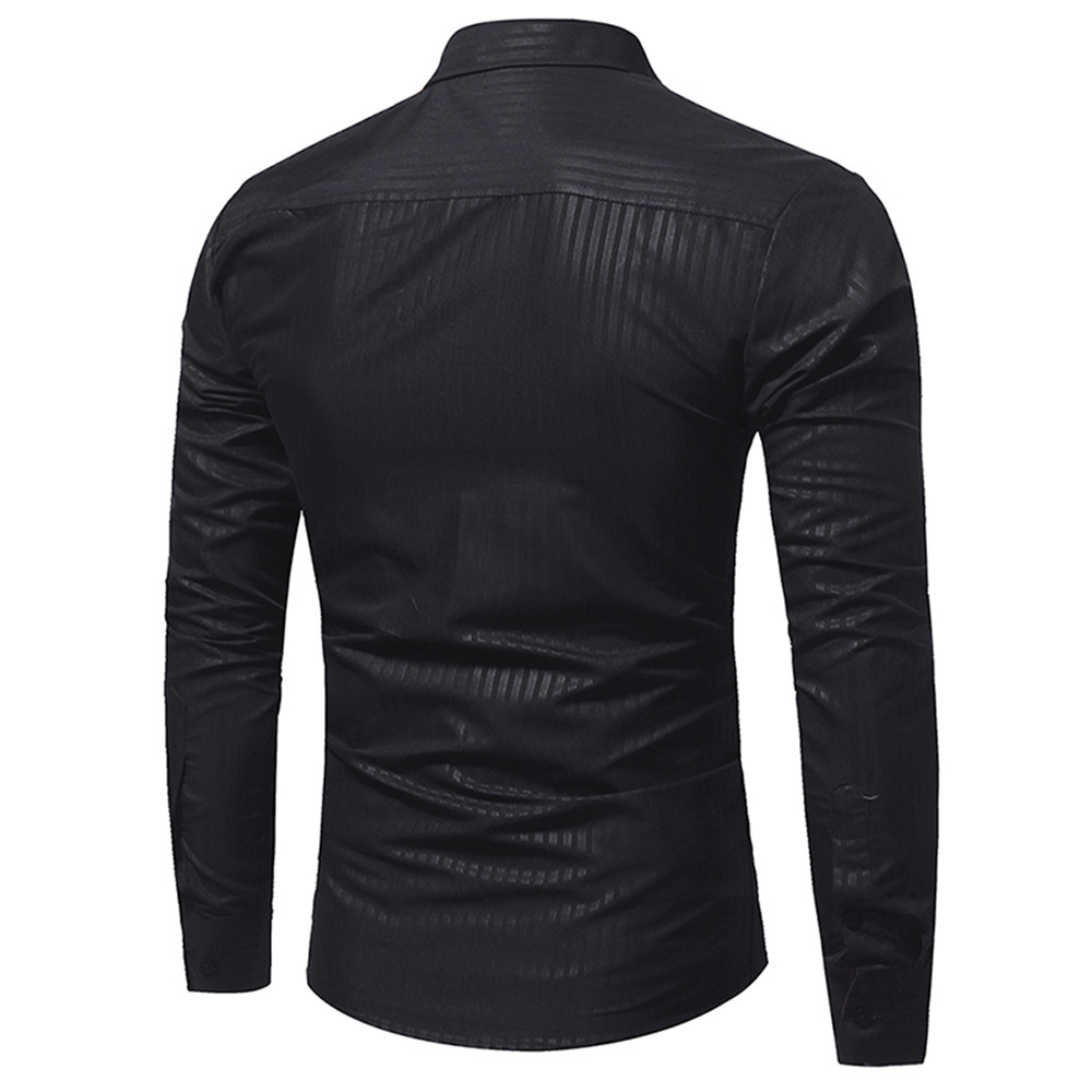 New Classic Dark Striped Embossed Men's Casual Slim Long-Sleeved Shirt