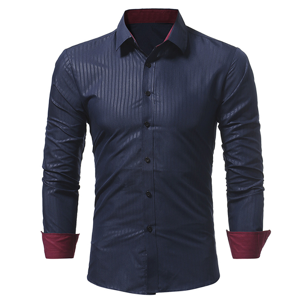 New Classic Dark Striped Embossed Men's Casual Slim Long-Sleeved Shirt