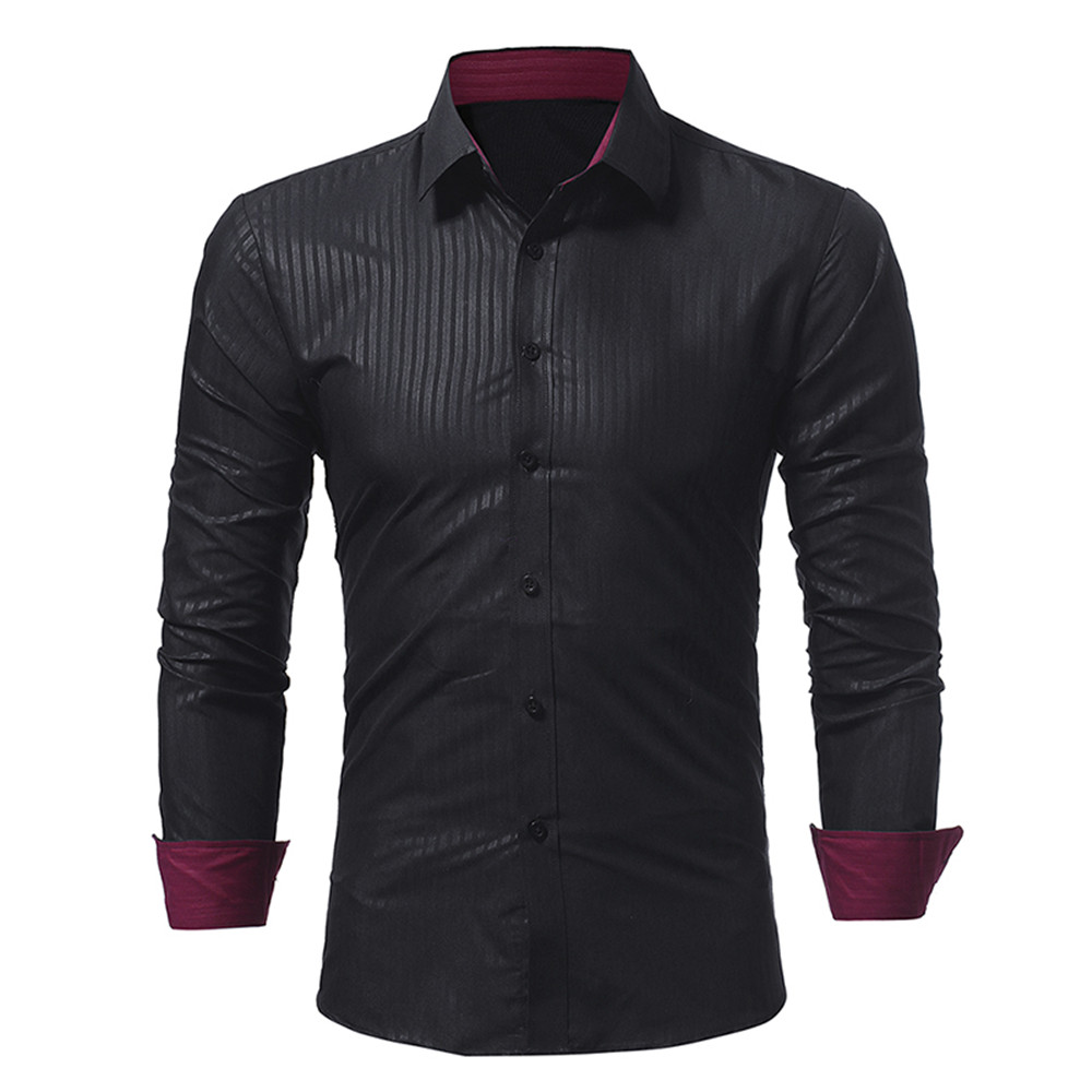 New Classic Dark Striped Embossed Men's Casual Slim Long-Sleeved Shirt