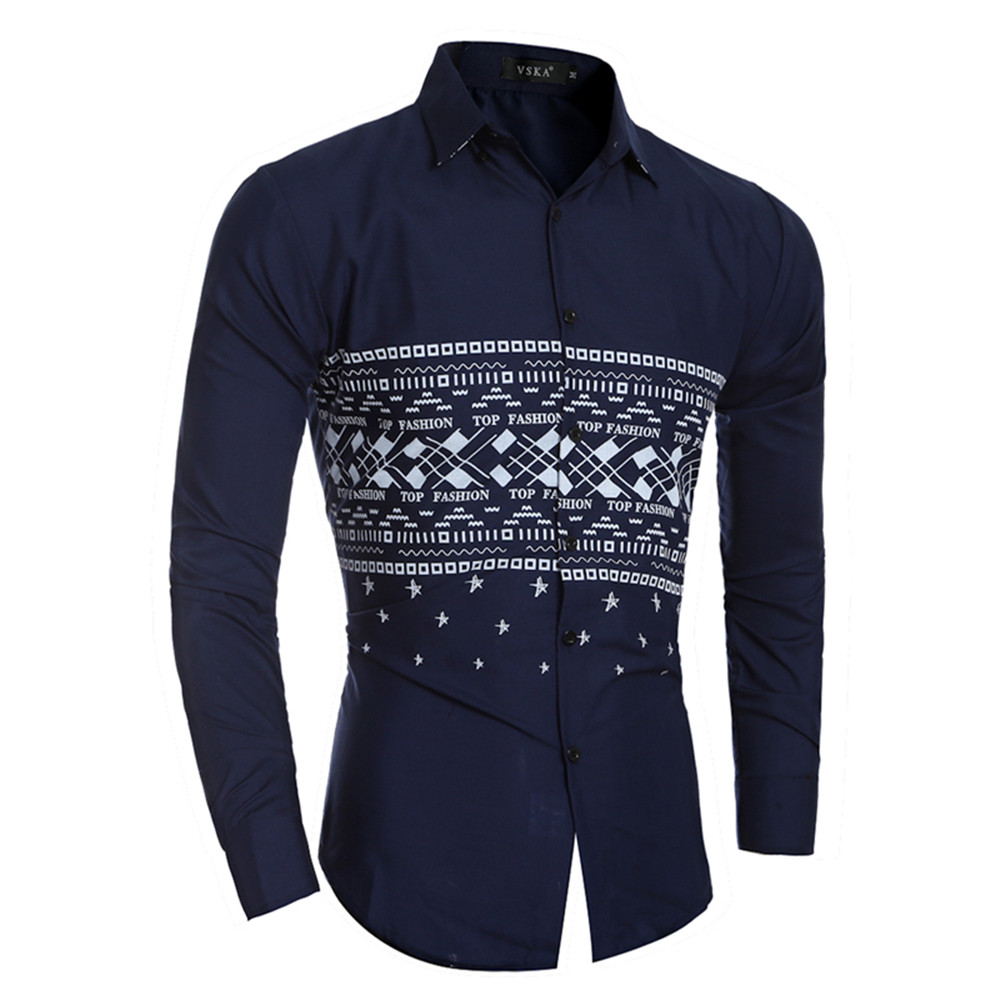 New Fashion Mosaic Printed Men's Casual Slim Long-Sleeved Shirt