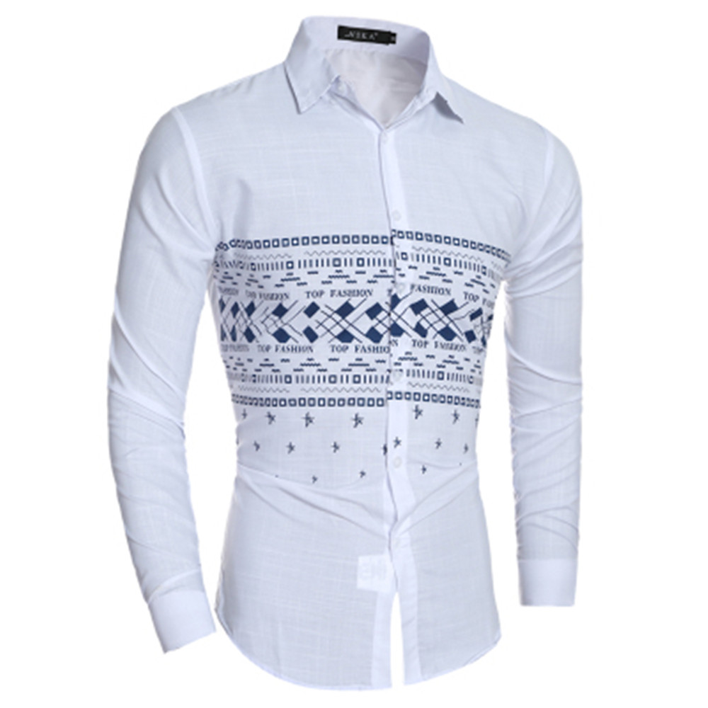 New Fashion Mosaic Printed Men's Casual Slim Long-Sleeved Shirt