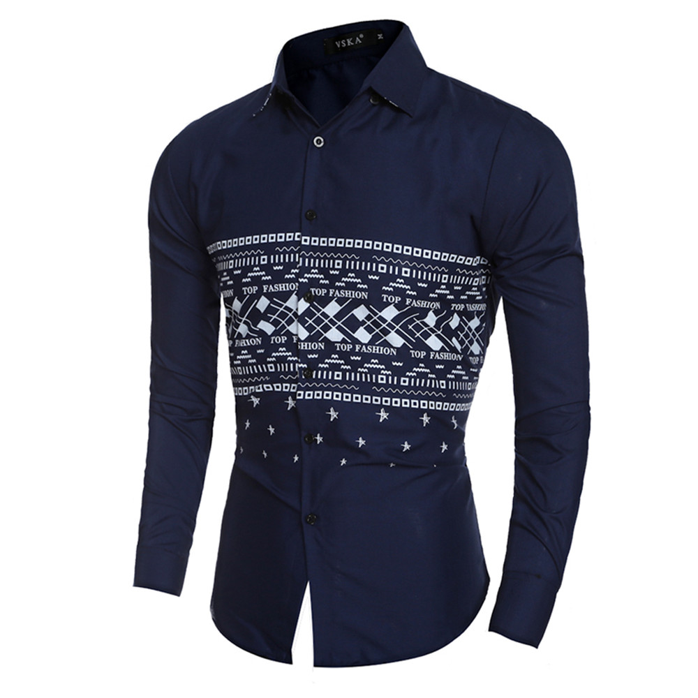 New Fashion Mosaic Printed Men's Casual Slim Long-Sleeved Shirt