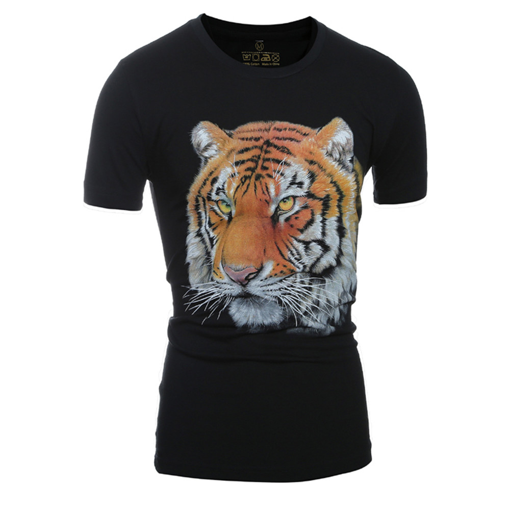 Summer 3D Character Tiger Head Print Men's Casual Round Neck T-Shirt