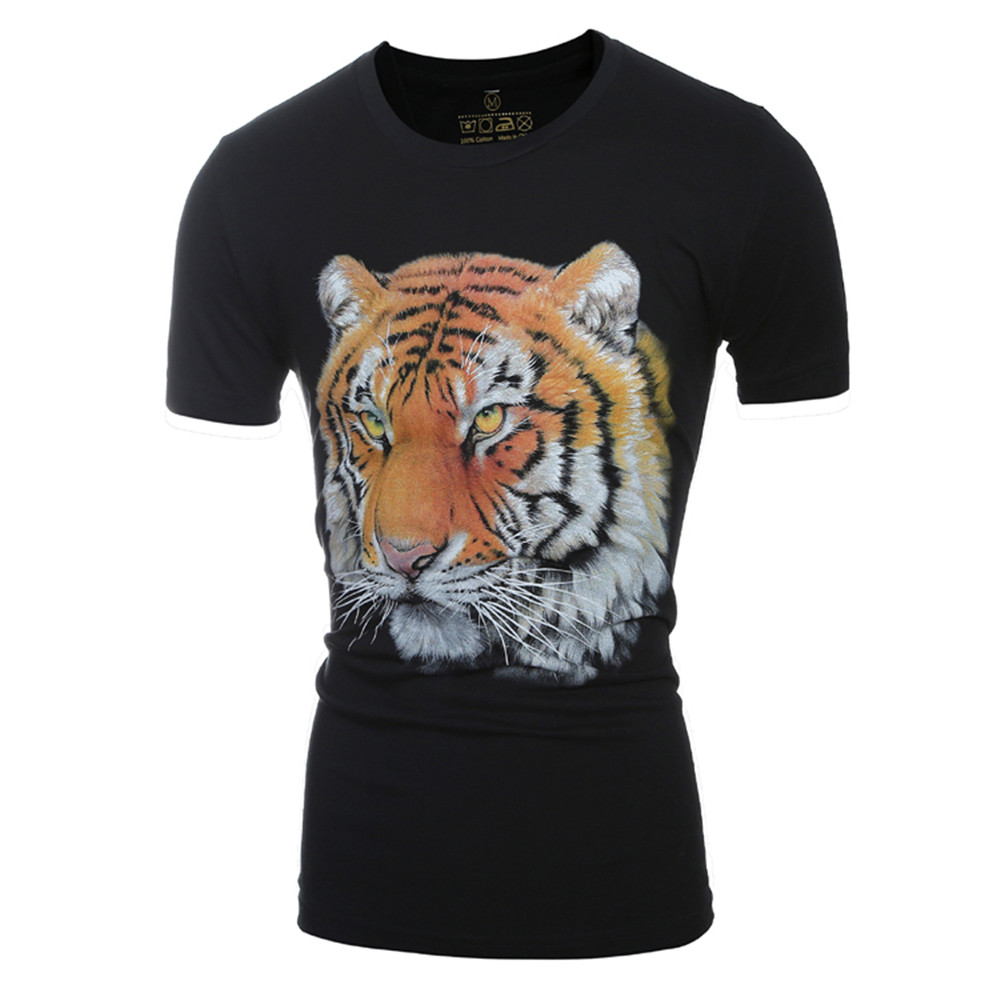 Summer 3D Character Tiger Head Print Men's Casual Round Neck T-Shirt