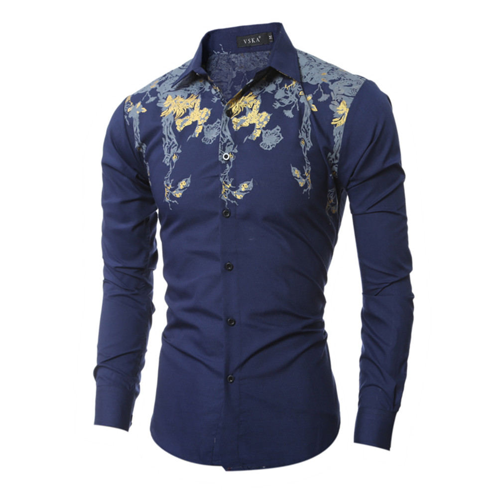 New High-Quality Boutique Print Men's Casual Slim Long-Sleeved Shirt