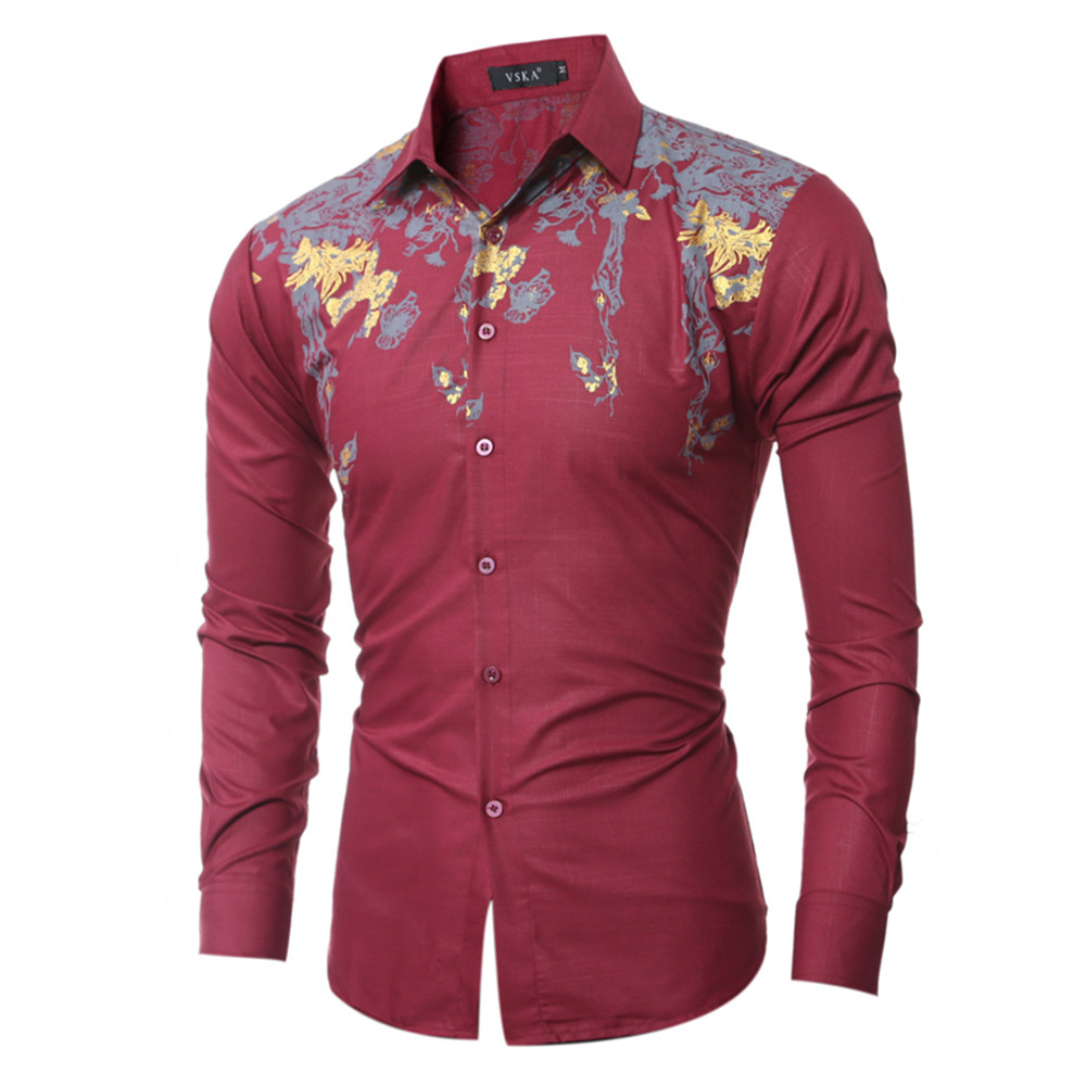 New High-Quality Boutique Print Men's Casual Slim Long-Sleeved Shirt