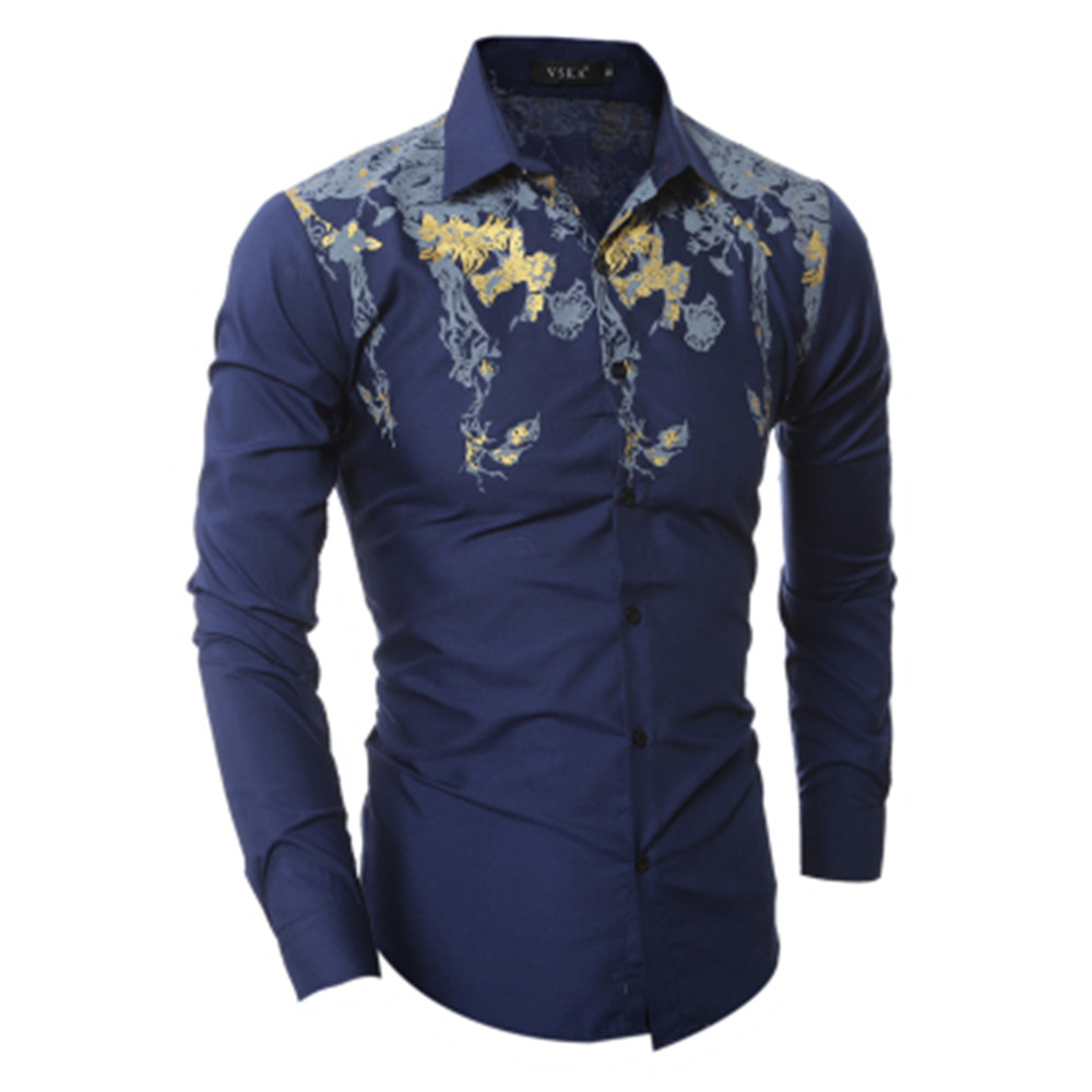 New High-Quality Boutique Print Men's Casual Slim Long-Sleeved Shirt