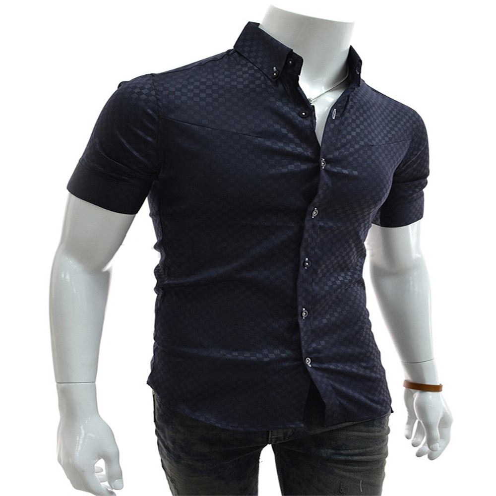 New Fashion Dark Plaid Men's Slim Short-Sleeve Shirt