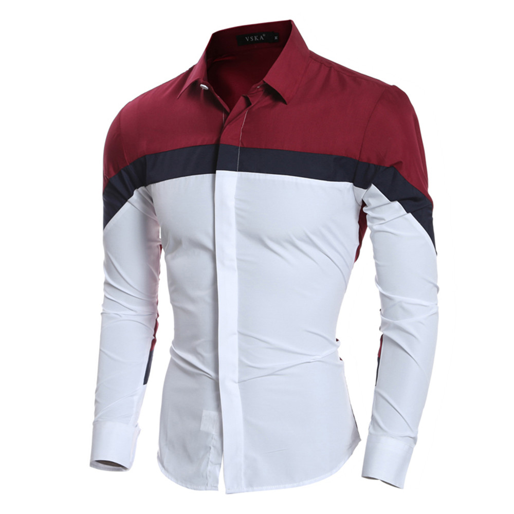 New Personality Stitching Men's Casual Slim Long-Sleeved Color Matching Shirt