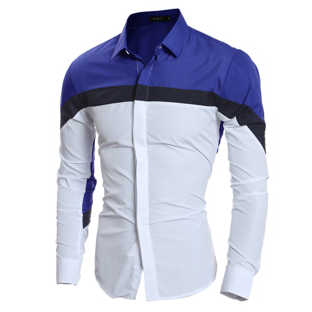 New Personality Stitching Men's Casual Slim Long-Sleeved Color Matching Shirt