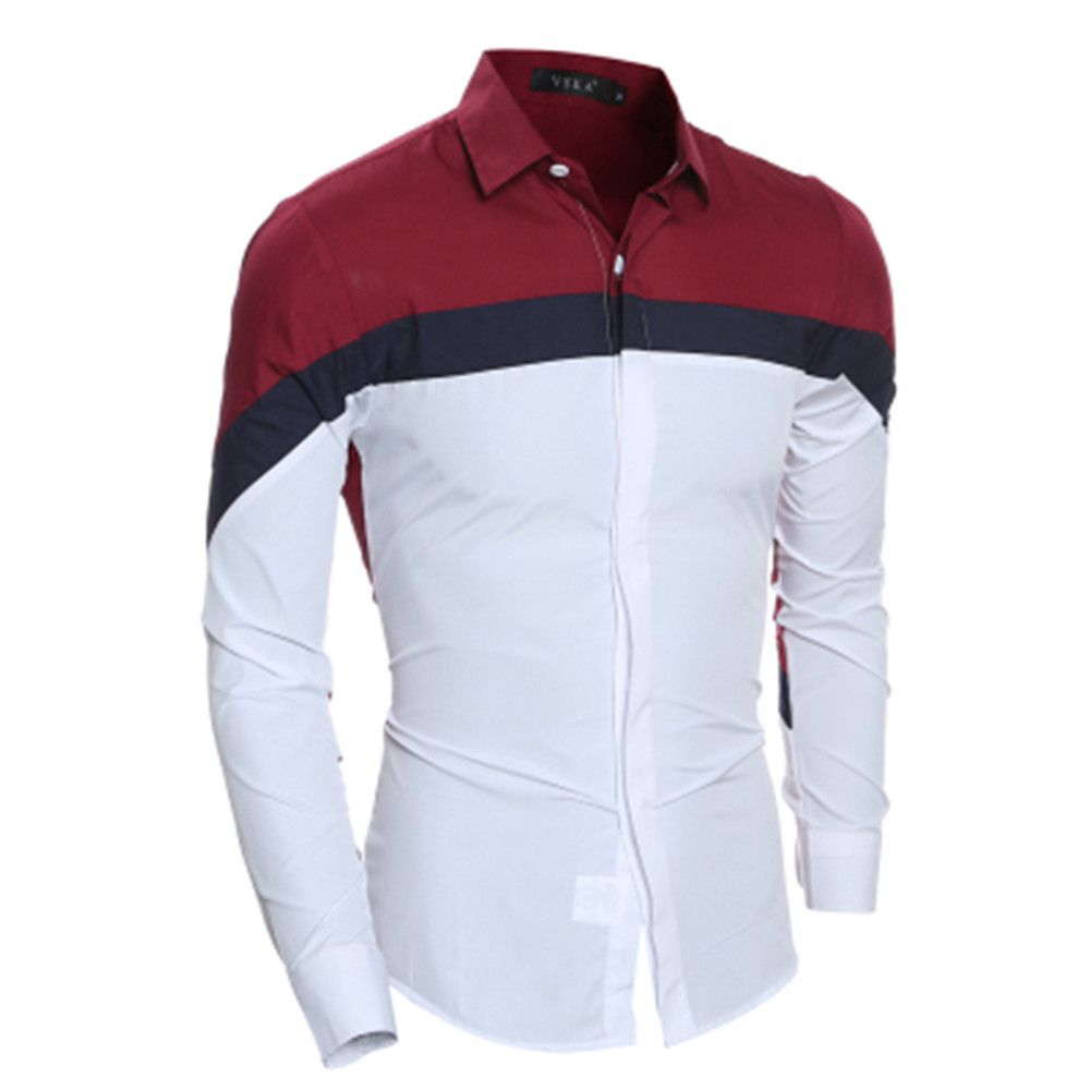 New Personality Stitching Men's Casual Slim Long-Sleeved Color Matching Shirt