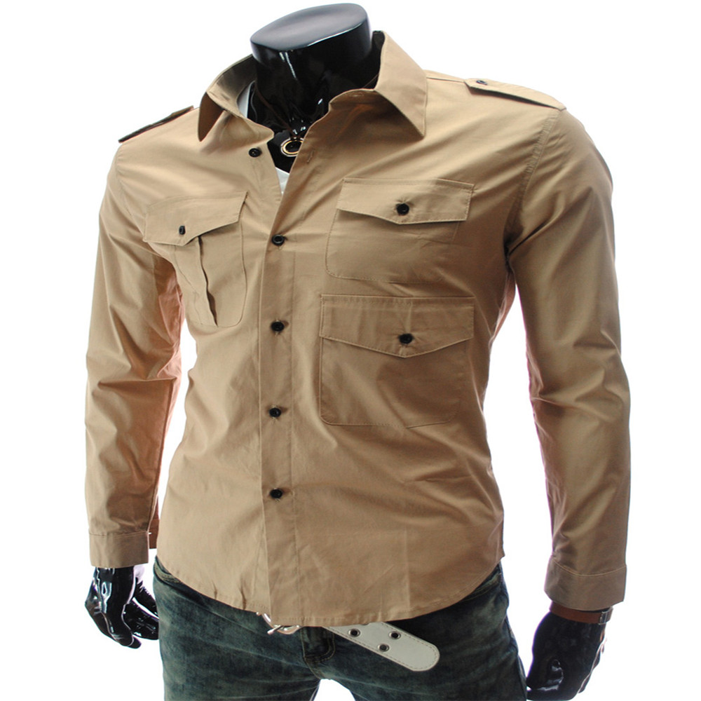 New Multi-Pocket Epaulettes Men's Luxury Slim Casual Long-Sleeved Shirt