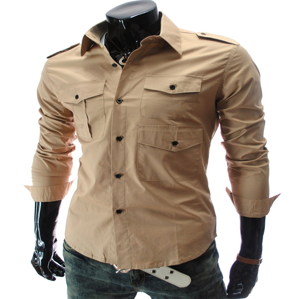 New Multi-Pocket Epaulettes Men's Luxury Slim Casual Long-Sleeved Shirt