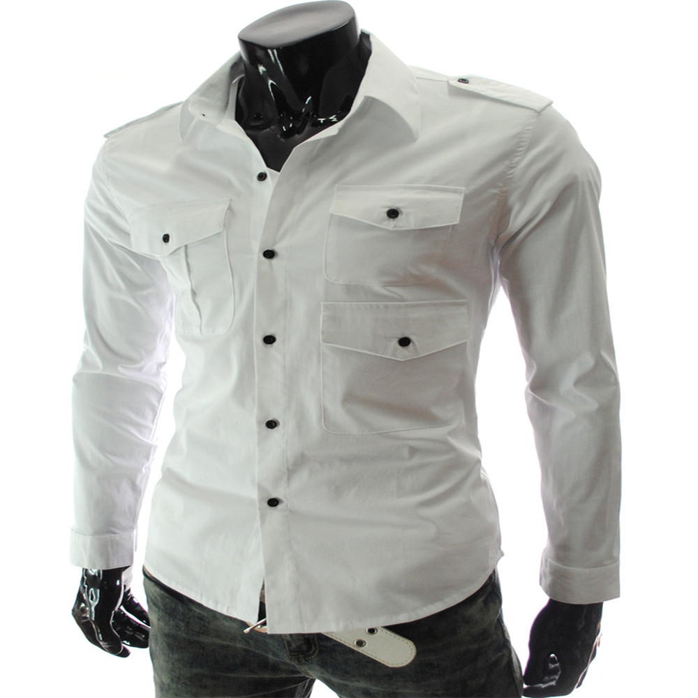 New Multi-Pocket Epaulettes Men's Luxury Slim Casual Long-Sleeved Shirt