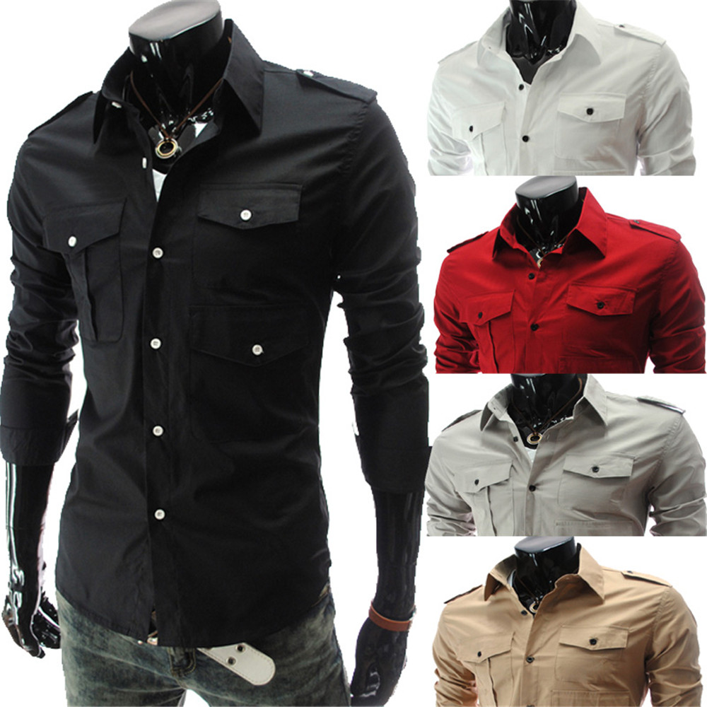 New Multi-Pocket Epaulettes Men's Luxury Slim Casual Long-Sleeved Shirt