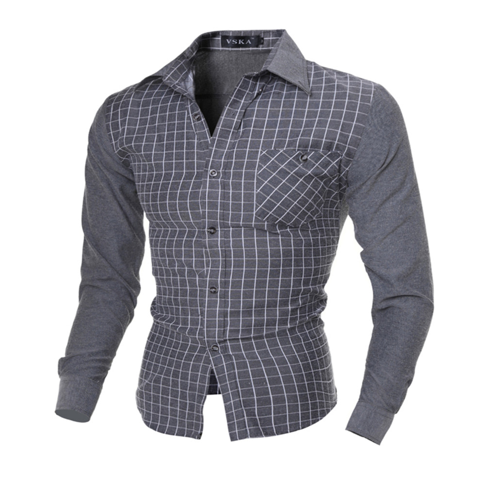 Korean Slim Plaid Hit Color Men's Long-Sleeved Shirt