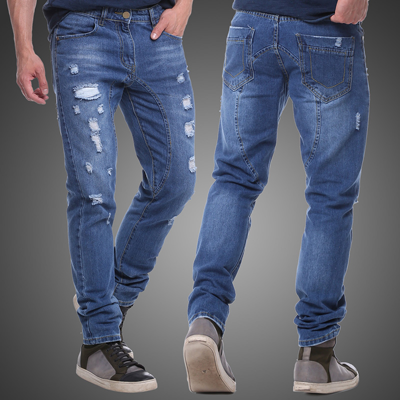 Denim Handsome Straight Distressed Jeans In Wash Blue Casual Pants for Men