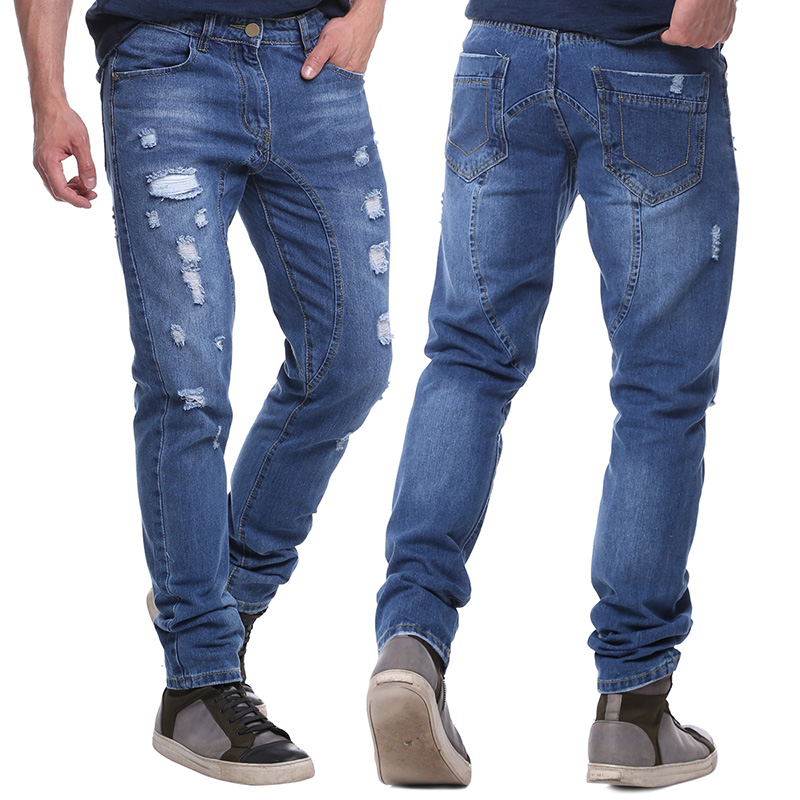 Denim Handsome Straight Distressed Jeans In Wash Blue Casual Pants for Men