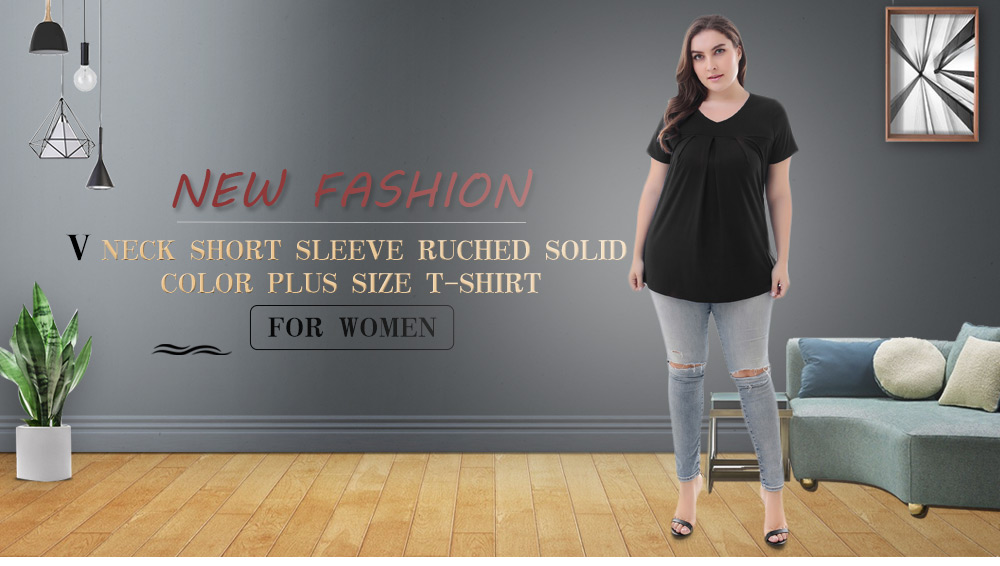 V Neck Short Sleeve Ruched Solid Color Plus Size Women T-shirt