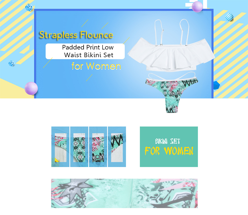 Strapless Spaghetti Strap Flounce Padded Print Low Waist Women Bikini Set